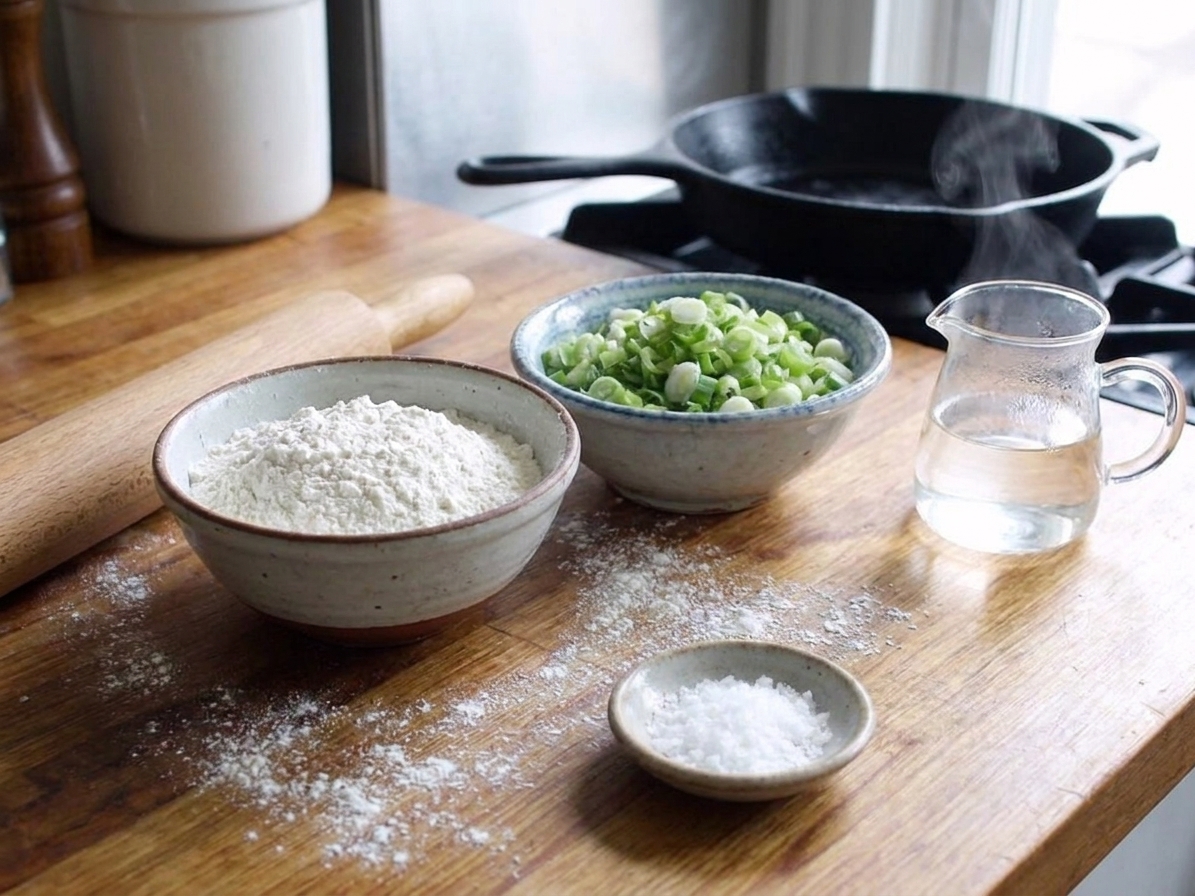 Bowls of flour, sliced scallions, salt, and a small pitcher of hot water arranged on a clean kitchen counter with a wooden rolling pin
