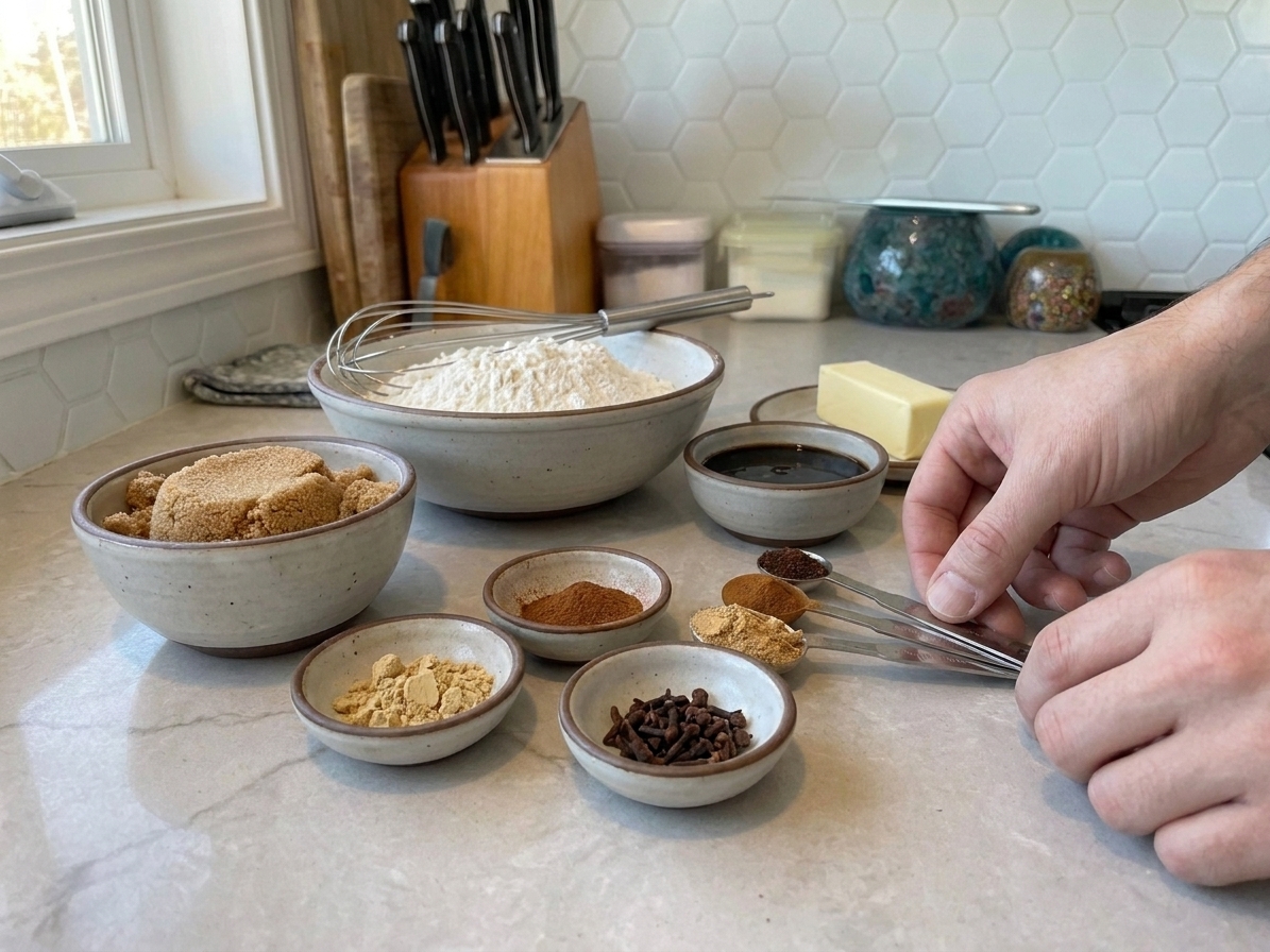 Bowls of flour, spices, brown sugar, molasses, and butter arranged on a kitchen counter with measuring spoons and a whisk