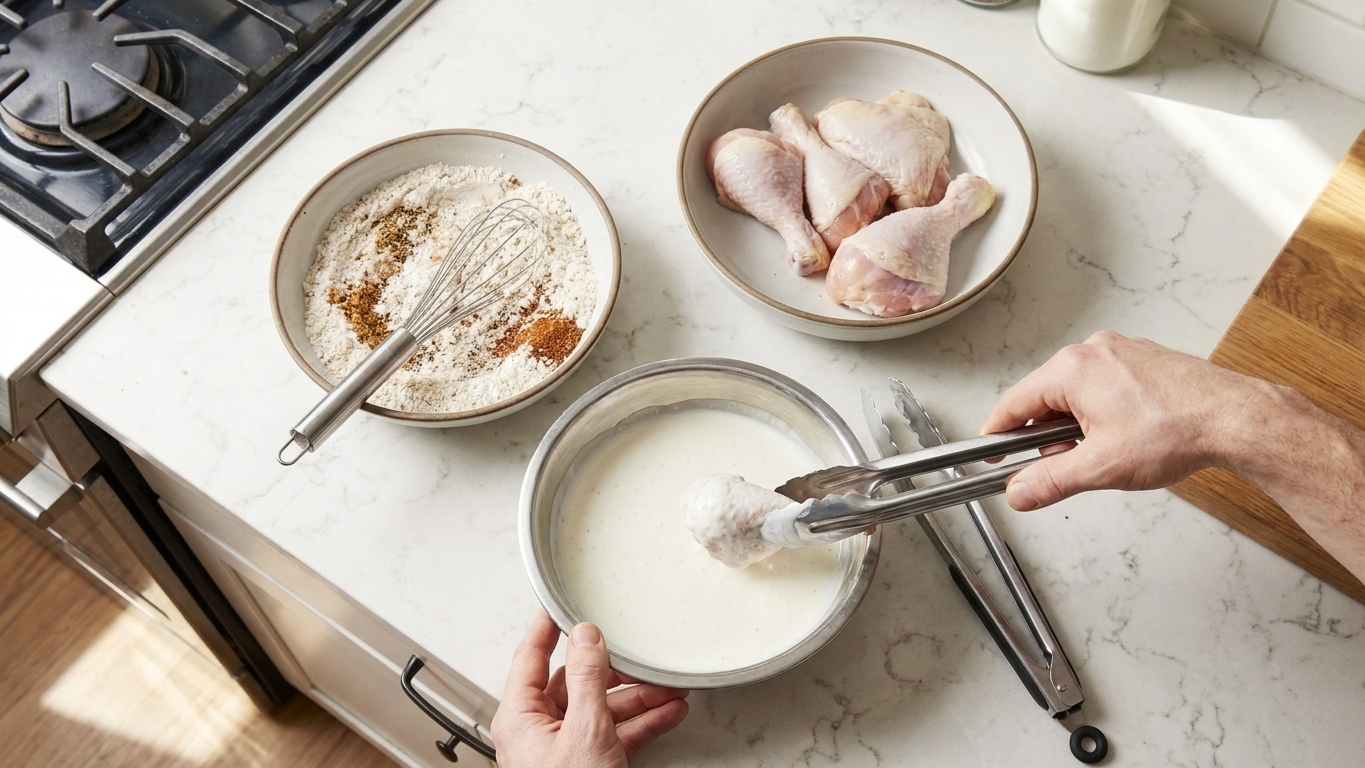 Bowls of flour, spices, buttermilk, and raw chicken pieces arranged on a clean kitchen counter with tongs and a whisk
