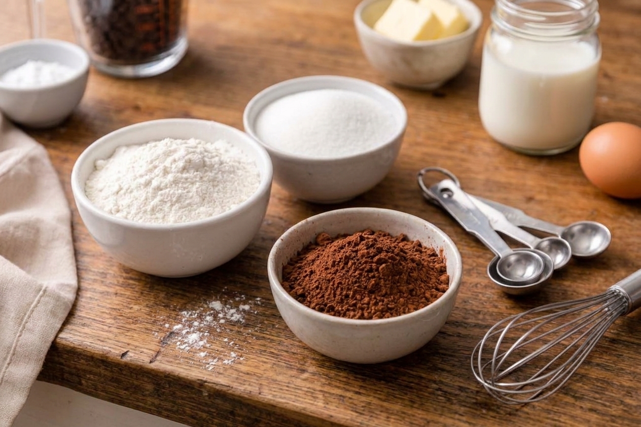 Bowls of flour, sugar, and cocoa powder arranged on a kitchen counter with measuring spoons and a whisk