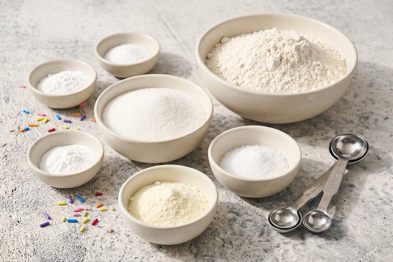 Bowls of flour, sugar, baking powder, baking soda, salt, and powdered milk arranged on a bright kitchen counter with measuring spoons