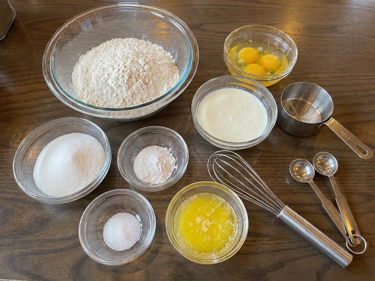 Bowls of flour, sugar, baking powder, baking soda, salt, buttermilk, eggs, and melted butter laid out on a clean kitchen counter with a whisk and measuring cups