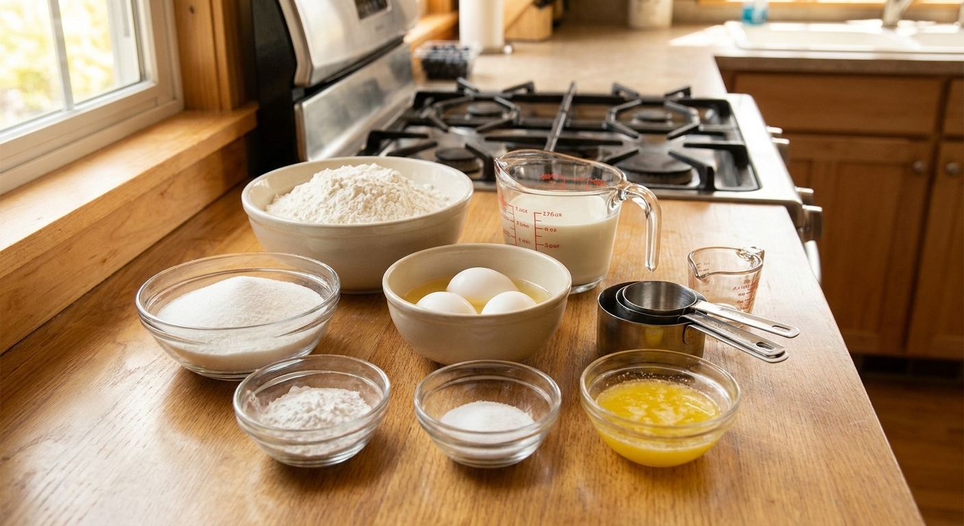 Bowls of flour, sugar, baking powder, salt, eggs, milk, and melted butter arranged on a clean kitchen counter with measuring cups nearby