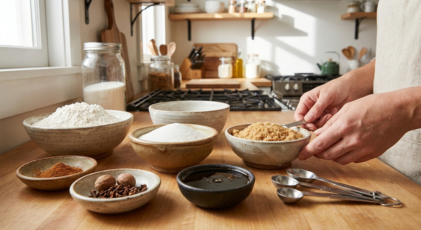 Bowls of flour, sugar, brown sugar, spices, and a small bowl of molasses arranged on a kitchen counter with measuring spoons