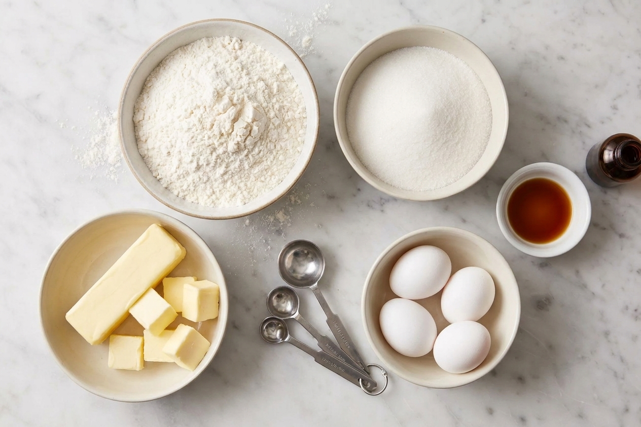 Bowls of flour, sugar, butter, eggs, and vanilla arranged on a kitchen counter with measuring spoons
