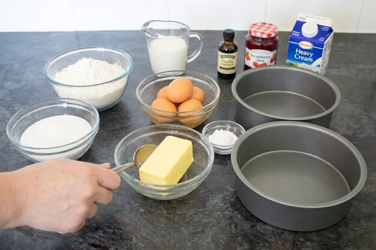 Bowls of flour, sugar, butter, eggs, baking powder, milk, vanilla, strawberry jam, and heavy cream arranged on a clean kitchen counter with two 8-inch cake pans nearby