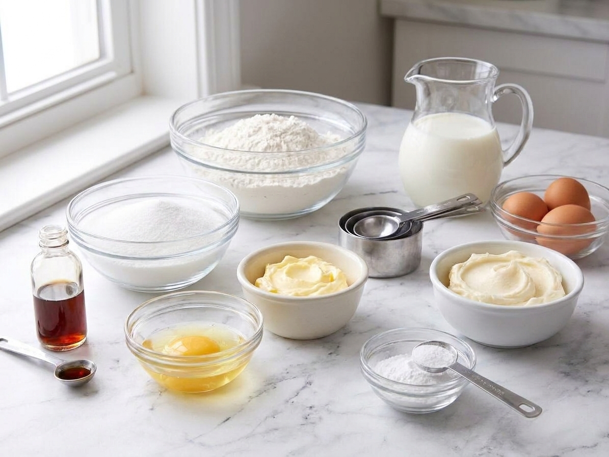 Bowls of flour, sugar, butter, eggs, milk, vanilla, and baking powder arranged on a bright kitchen counter with measuring cups