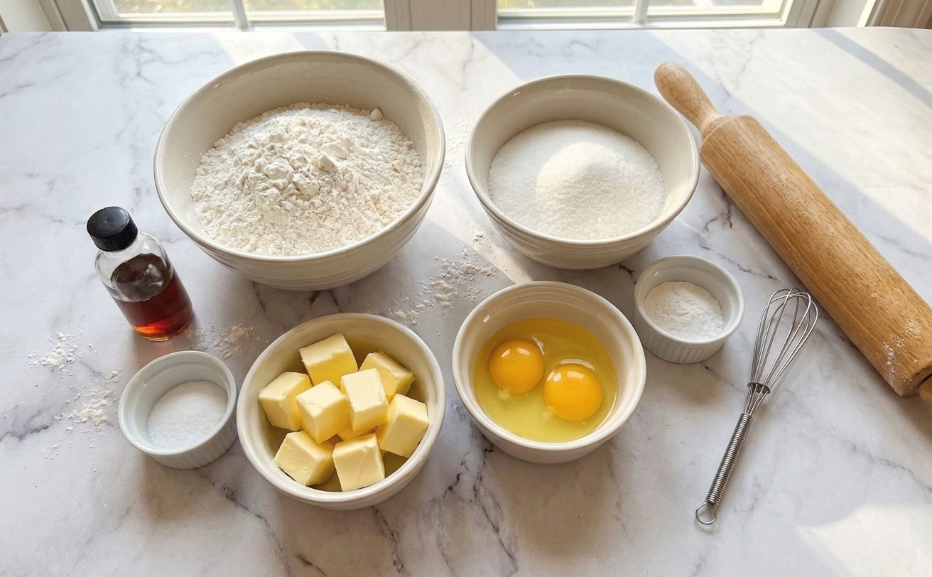 Bowls of flour, sugar, butter, eggs, vanilla, baking powder, and salt arranged on a clean kitchen counter ready to bake