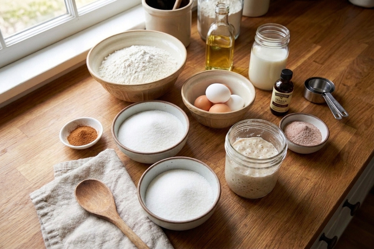Bowls of flour, sugar, cinnamon, eggs, oil, milk, vanilla, pudding mix, and a jar of bubbly starter arranged on a bright kitchen counter
