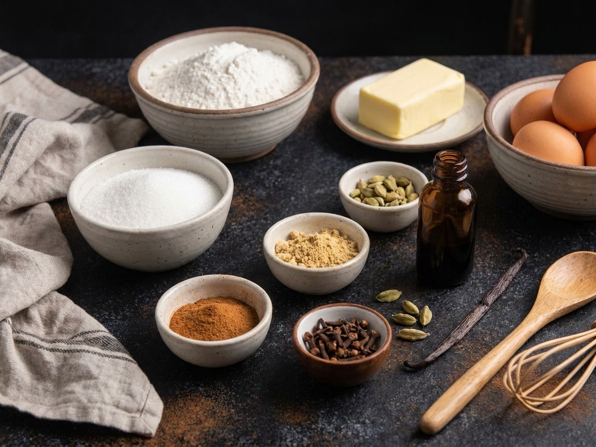 Bowls of flour, sugar, cinnamon, ginger, cardamom, cloves, butter, eggs, and vanilla arranged on a bright kitchen counter