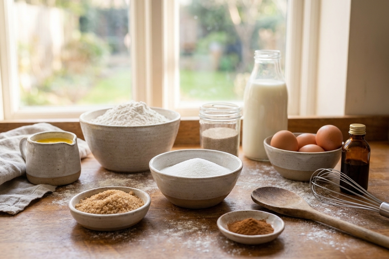 Bowls of flour, sugar, cinnamon, melted butter, yeast, milk, eggs, and vanilla arranged on a bright kitchen counter, ready for baking