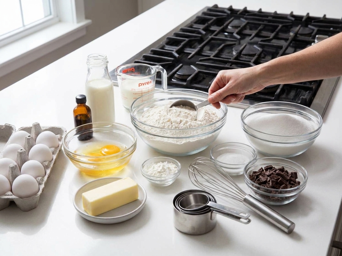 Bowls of flour, sugar, eggs, butter, milk, vanilla, cornstarch, and chopped chocolate arranged on a bright kitchen counter with a whisk and measuring cups
