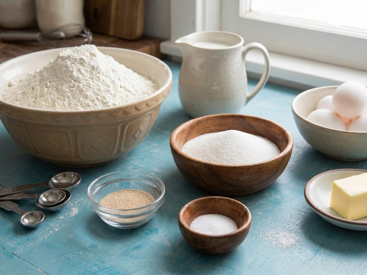 Bowls of flour, sugar, yeast, salt, milk, eggs, and butter arranged on a light kitchen counter with measuring spoons