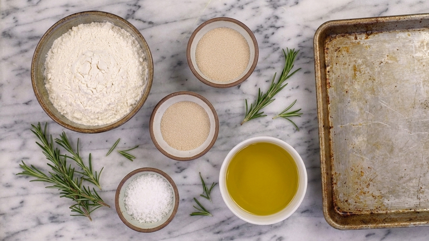 Bowls of flour, yeast, kosher salt, olive oil, and fresh rosemary arranged on a clean kitchen counter with a baking pan nearby