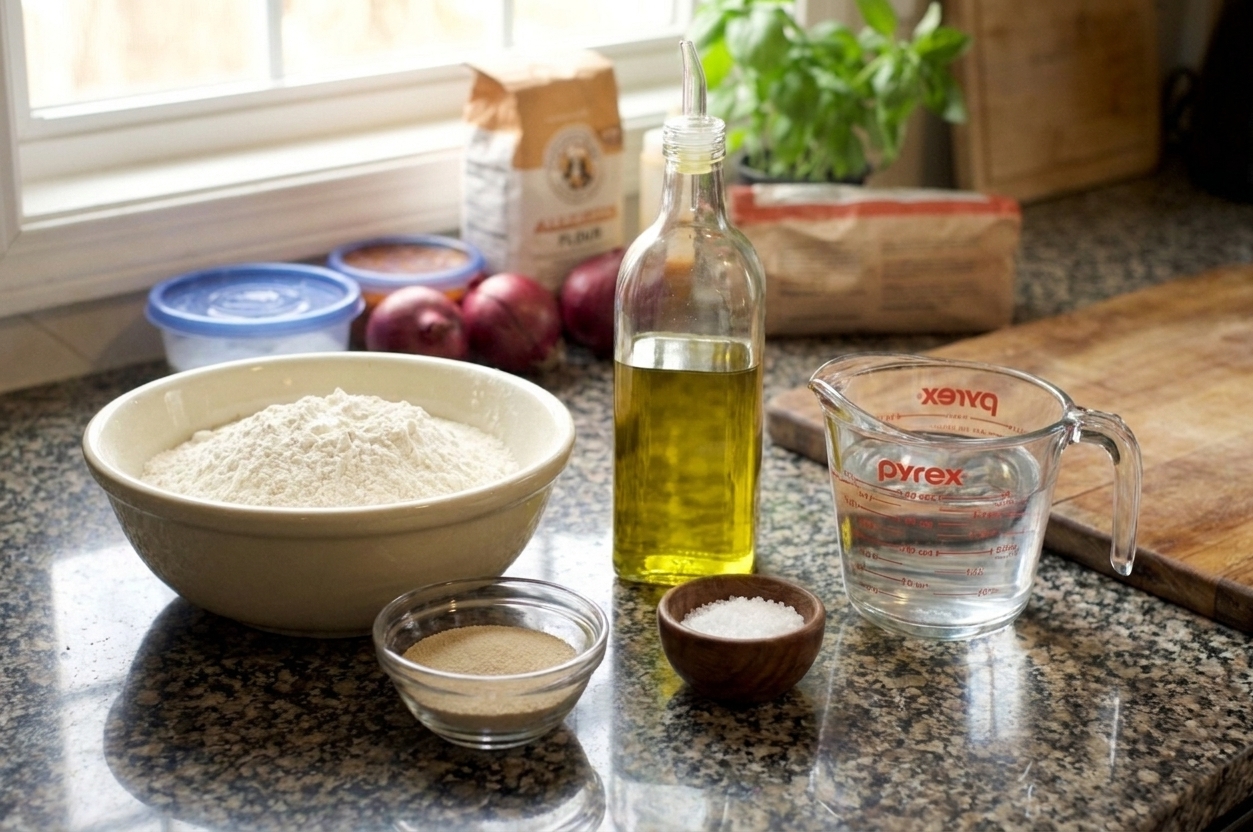 Bowls of flour, yeast, salt, olive oil, and a measuring cup of warm water arranged on a clean kitchen counter