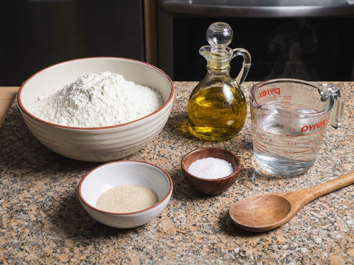 Bowls of flour, yeast, salt, olive oil, and a measuring cup of warm water arranged on a bright kitchen counter, ready for making pizza dough