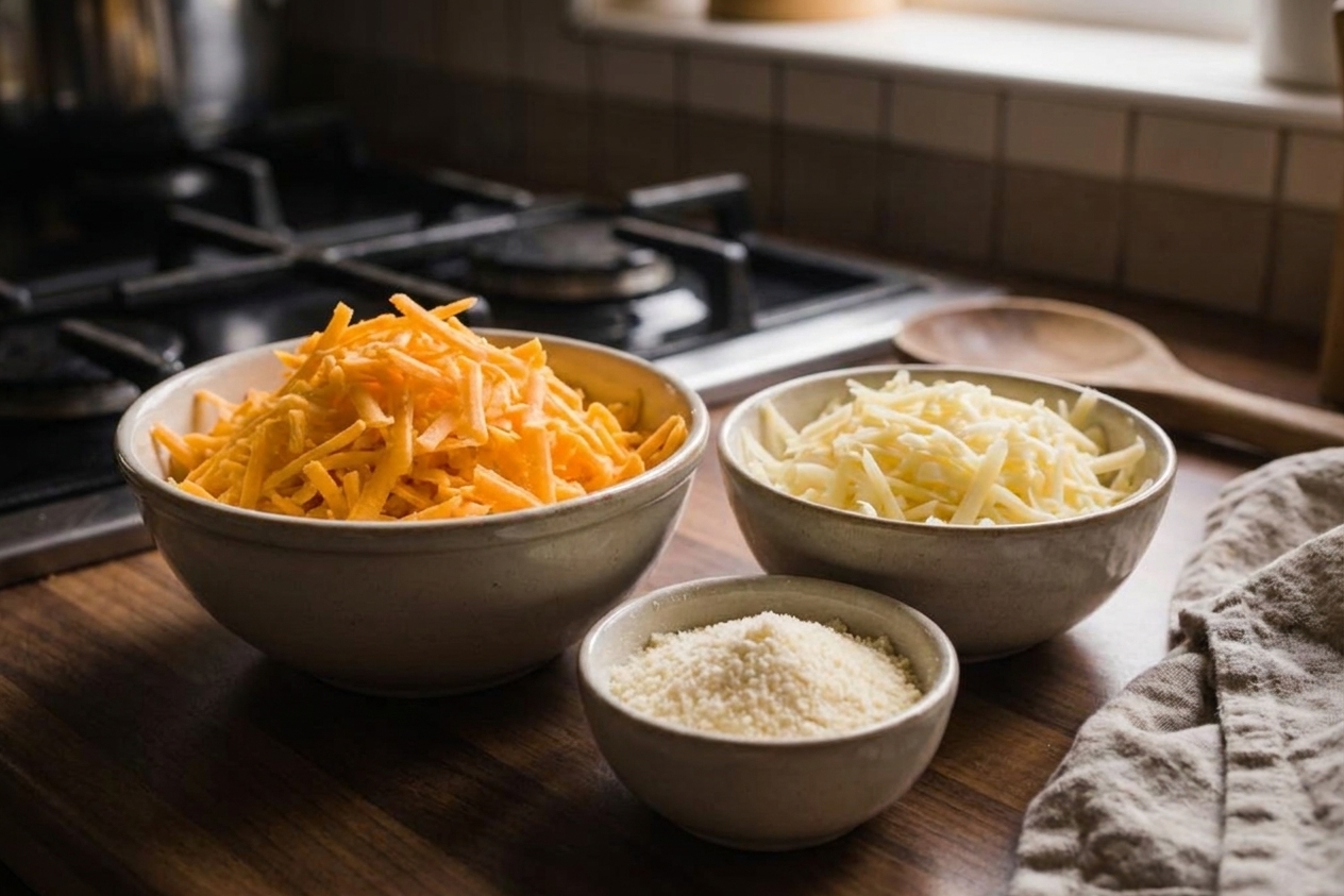 Bowls of freshly shredded sharp cheddar and Gruyere with a small bowl of finely grated Parmesan on a kitchen counter
