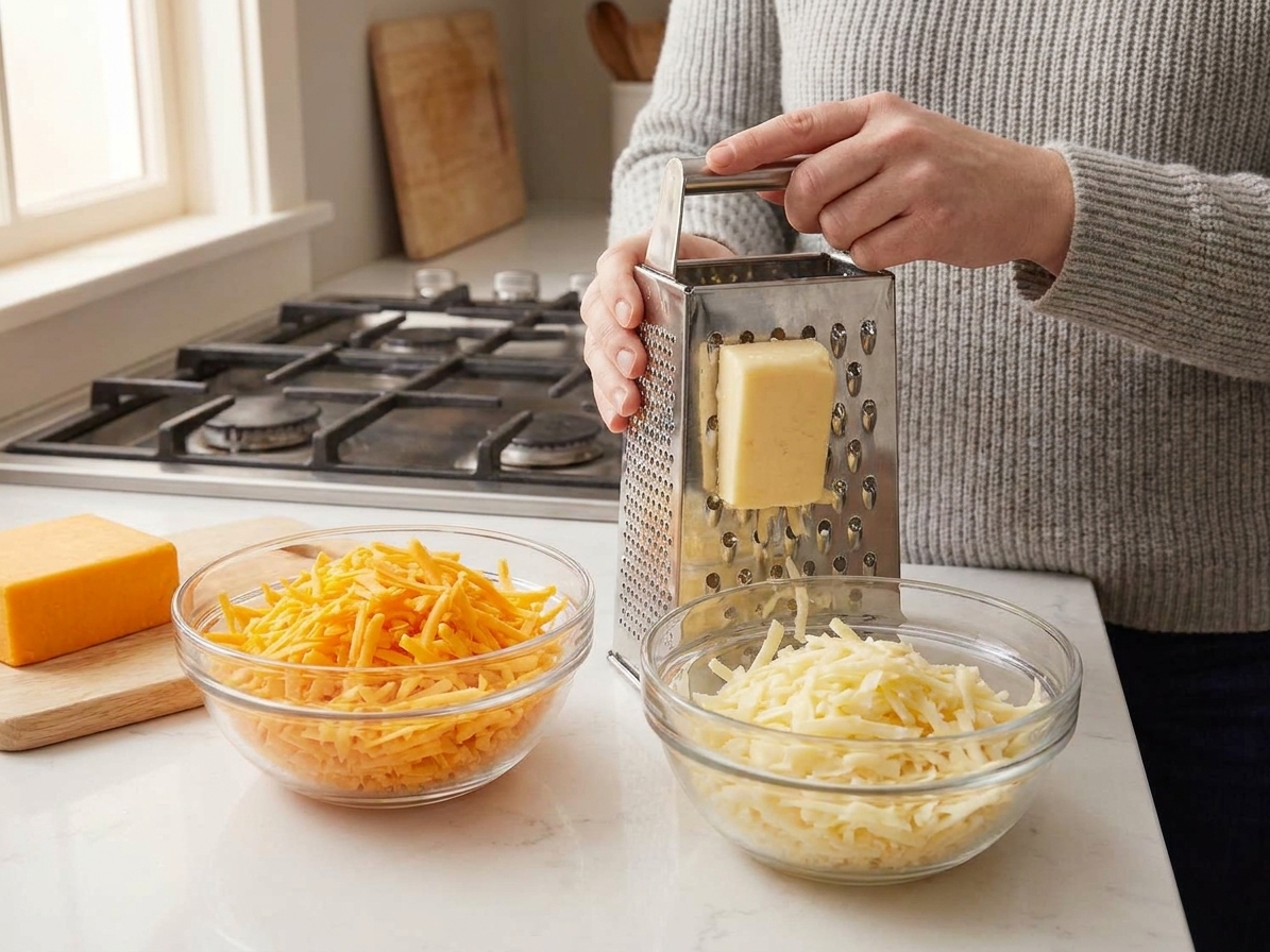 Bowls of freshly shredded sharp cheddar and Monterey Jack cheese on a kitchen counter with a box grater nearby