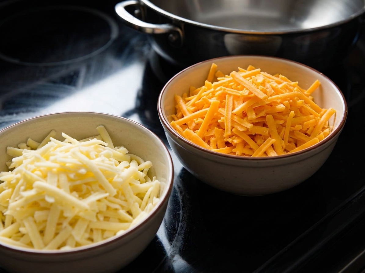 Bowls of freshly shredded sharp cheddar and Monterey Jack cheese on a kitchen counter, ready for making mac and cheese
