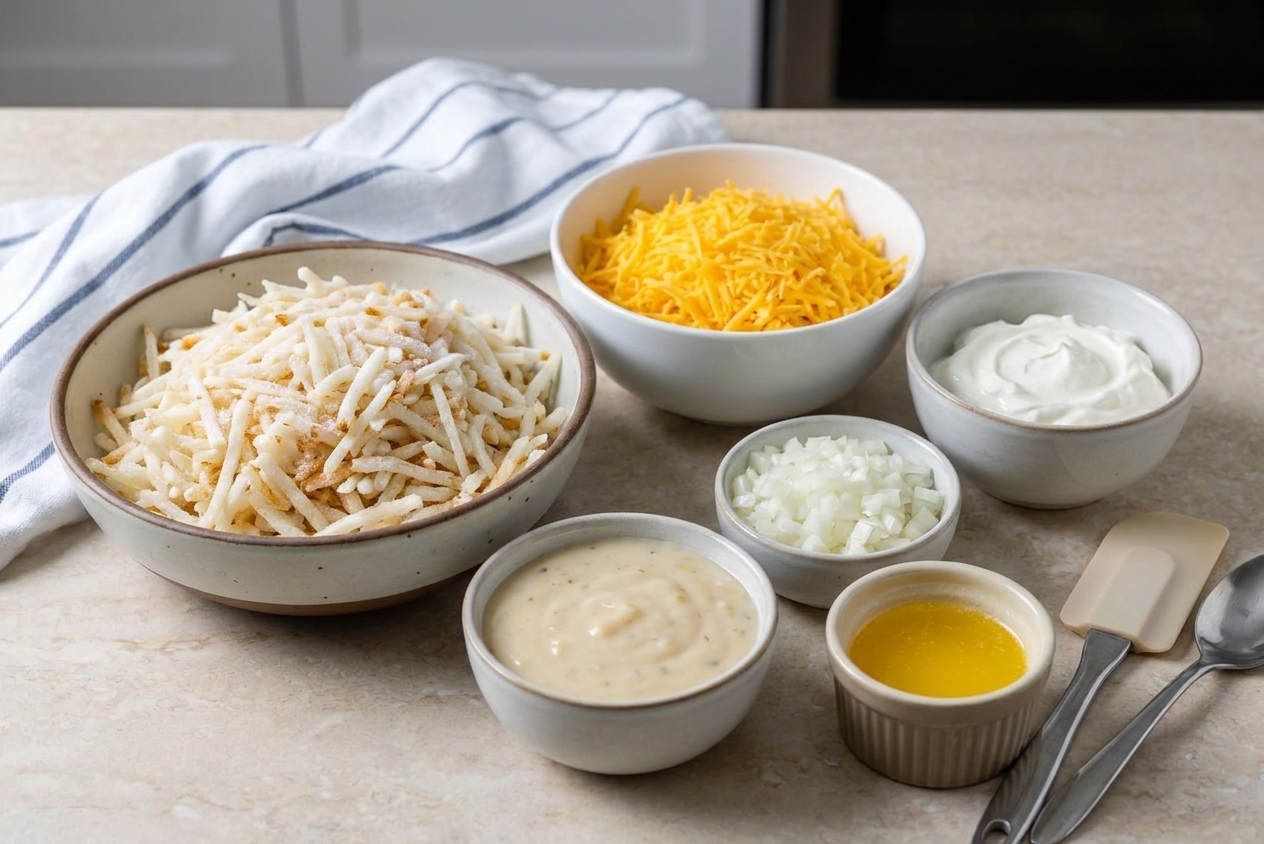 Bowls of frozen hash browns, shredded cheddar, sour cream, cream soup, diced onion, and melted butter arranged on a light kitchen counter