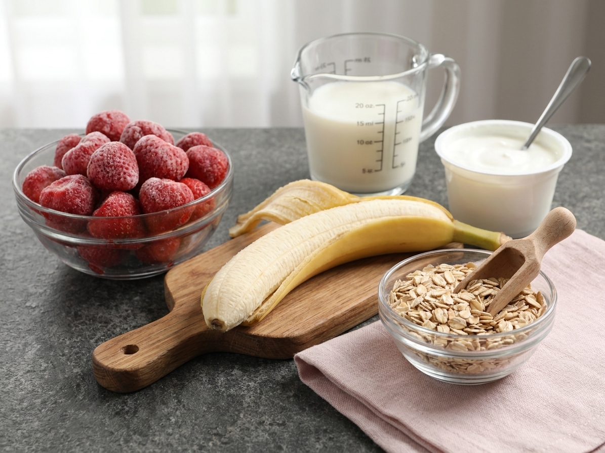 Bowls of frozen strawberries, a peeled banana, rolled oats, Greek yogurt, and a measuring cup of milk arranged on a clean kitchen counter in soft natural light