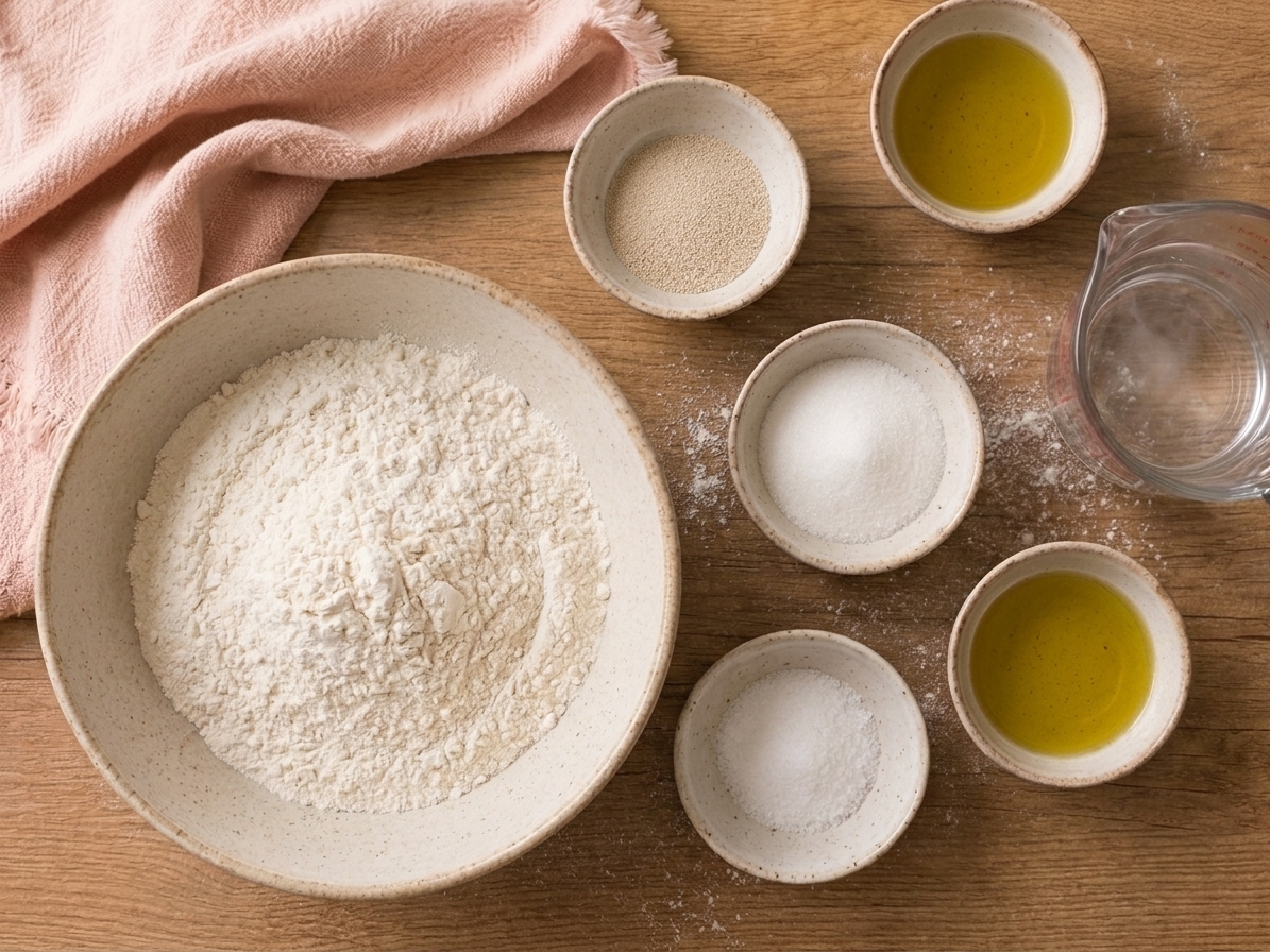 Bowls of gluten-free flour blend, instant yeast, sugar, salt, olive oil, and a measuring cup of warm water laid out on a clean kitchen counter