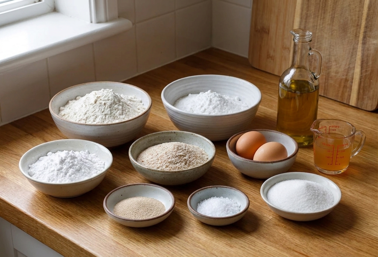 Bowls of gluten free flour blend, tapioca starch, psyllium husk, yeast, salt, sugar, eggs, oil, and apple cider vinegar arranged on a kitchen counter
