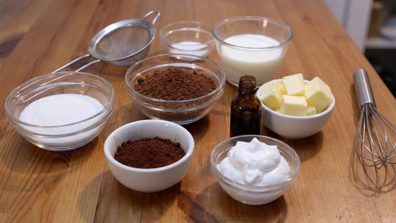 Bowls of granulated sugar, cocoa powder, whole milk, butter, vanilla, and a small bowl of marshmallow creme arranged on a light kitchen counter