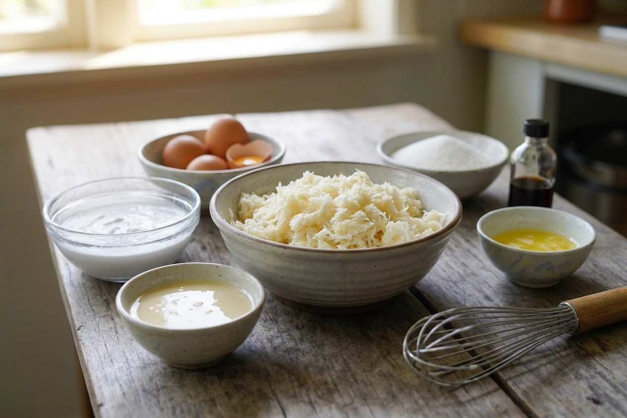 Bowls of grated cassava, coconut milk, condensed milk, eggs, sugar, butter, and vanilla arranged on a bright kitchen counter