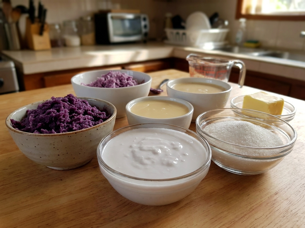 Bowls of grated ube, coconut milk, condensed milk, evaporated milk, sugar, and butter arranged on a clean kitchen counter in warm natural light