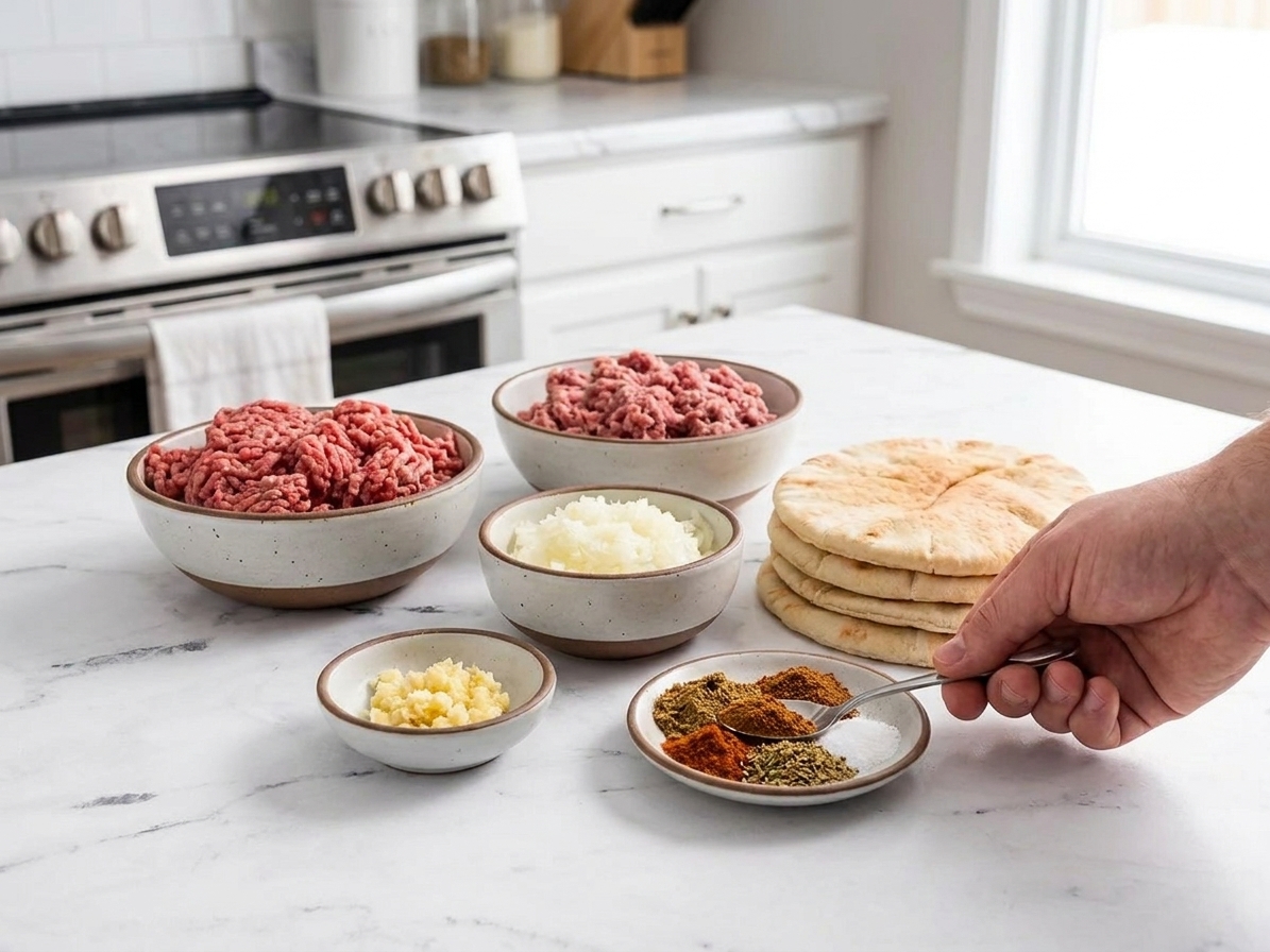 Bowls of ground beef and lamb, grated onion, minced garlic, spices, salt, and pita or flatbreads arranged on a bright kitchen counter