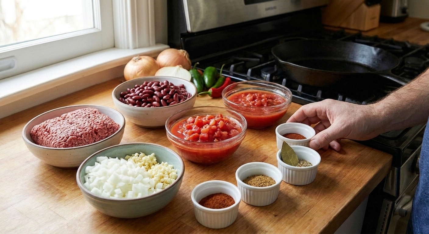 Bowls of ground beef, beans, diced tomatoes, onions, garlic, and chili spices arranged on a wooden kitchen counter in warm natural light