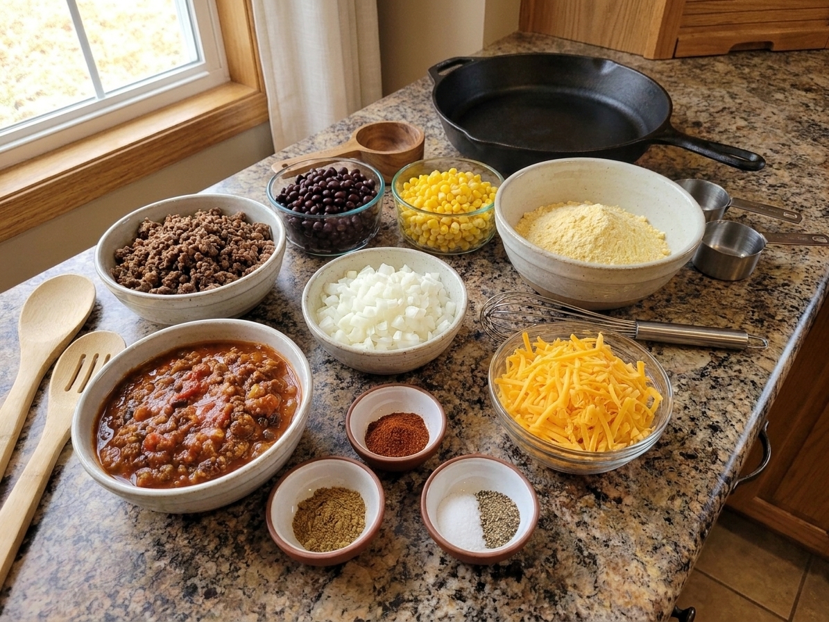 Bowls of ground beef, black beans, corn, diced onions, shredded cheese, cornbread mix ingredients, and spices arranged on a tidy kitchen counter