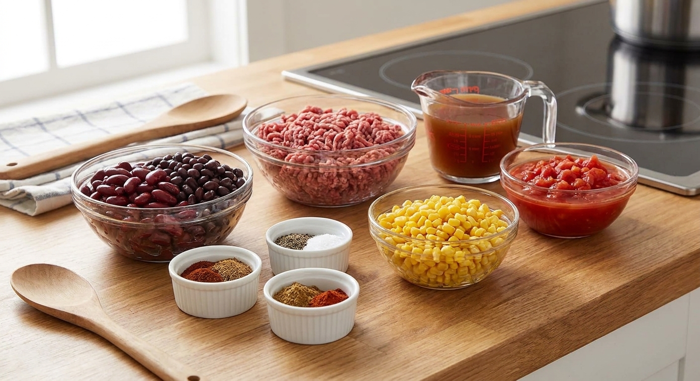 Bowls of ground beef, canned beans, corn, diced tomatoes, broth, and spices arranged on a tidy kitchen counter with warm lighting