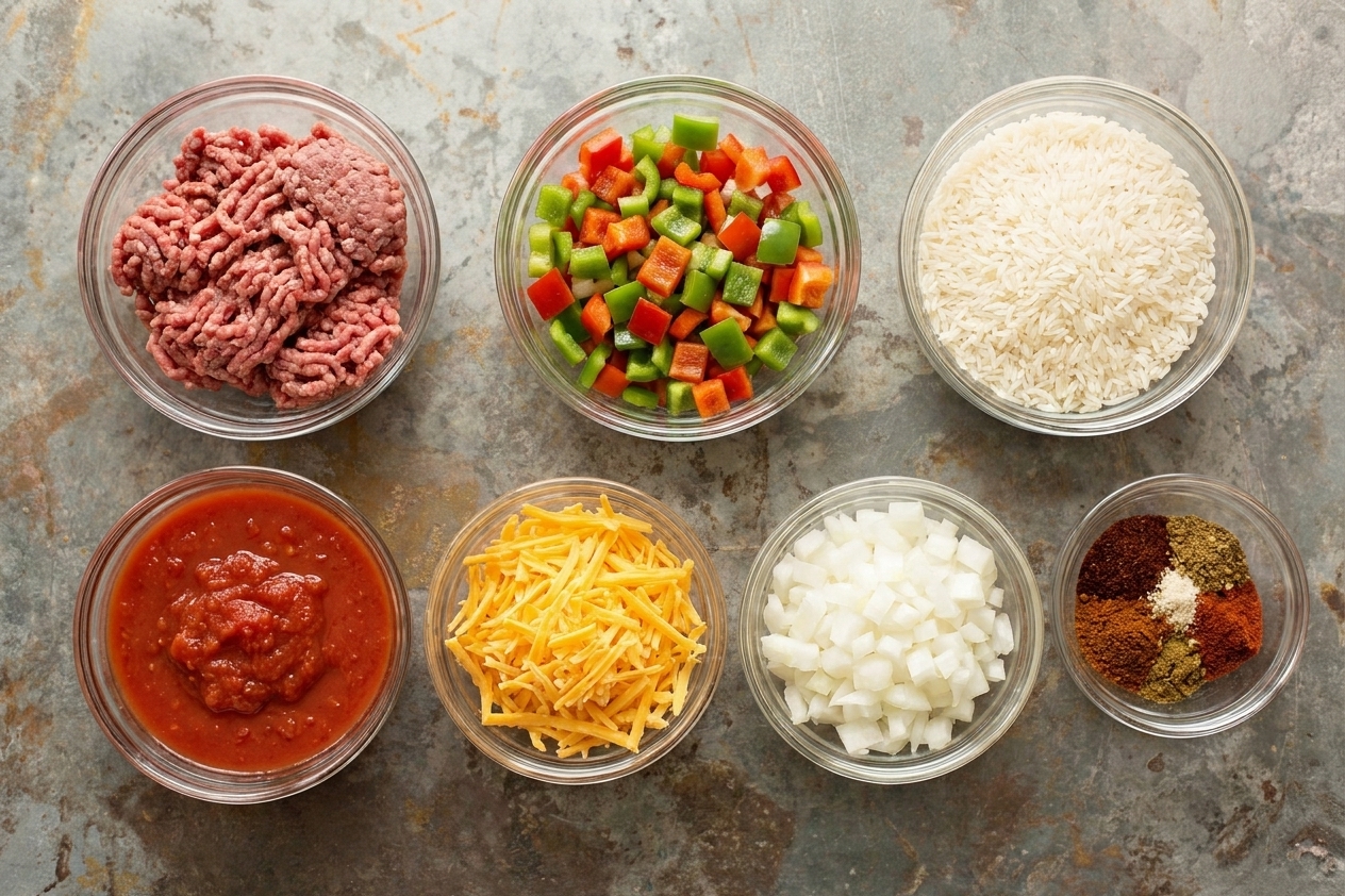 Bowls of ground beef, diced bell peppers, uncooked rice, crushed tomatoes, shredded cheese, onion, and spices arranged on a clean kitchen counter