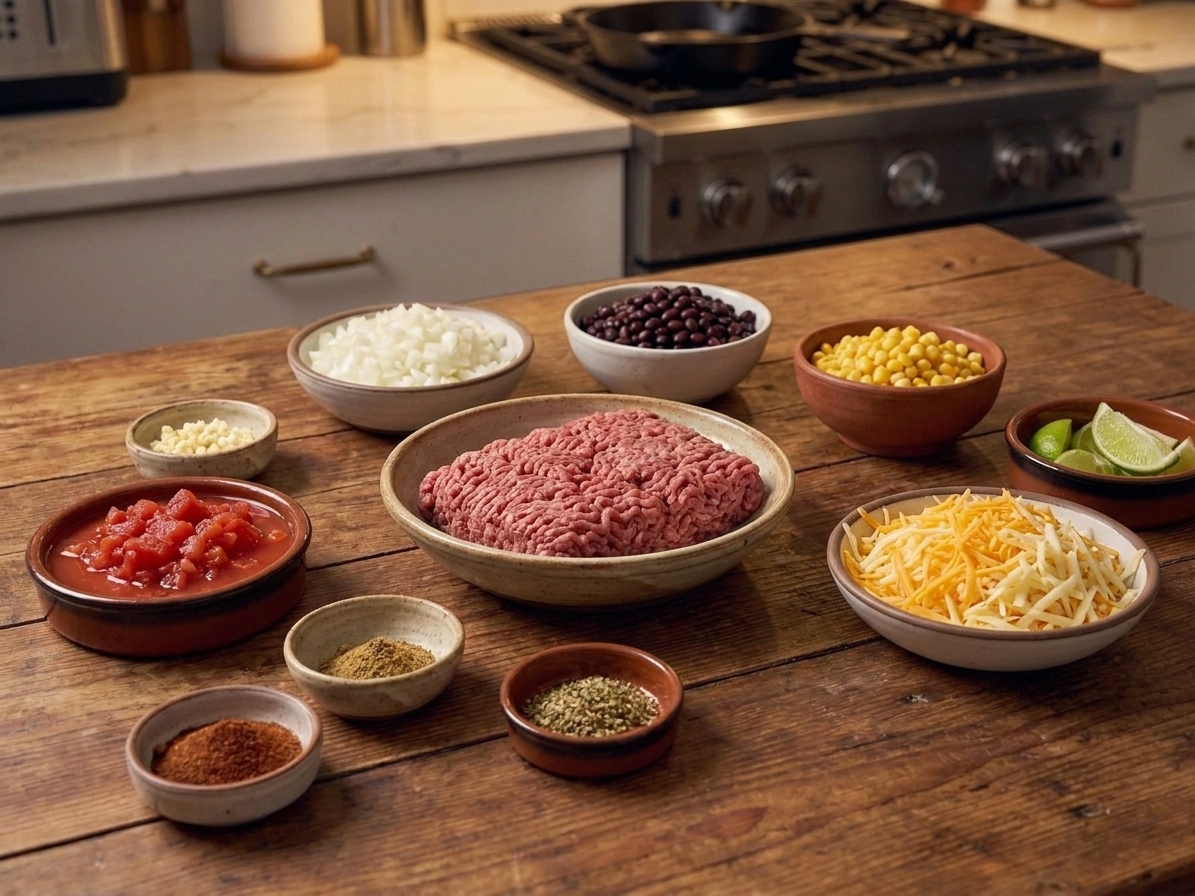 Bowls of ground beef, diced onion, minced garlic, canned tomatoes, black beans, corn, spices, lime, and shredded cheese arranged on a kitchen counter