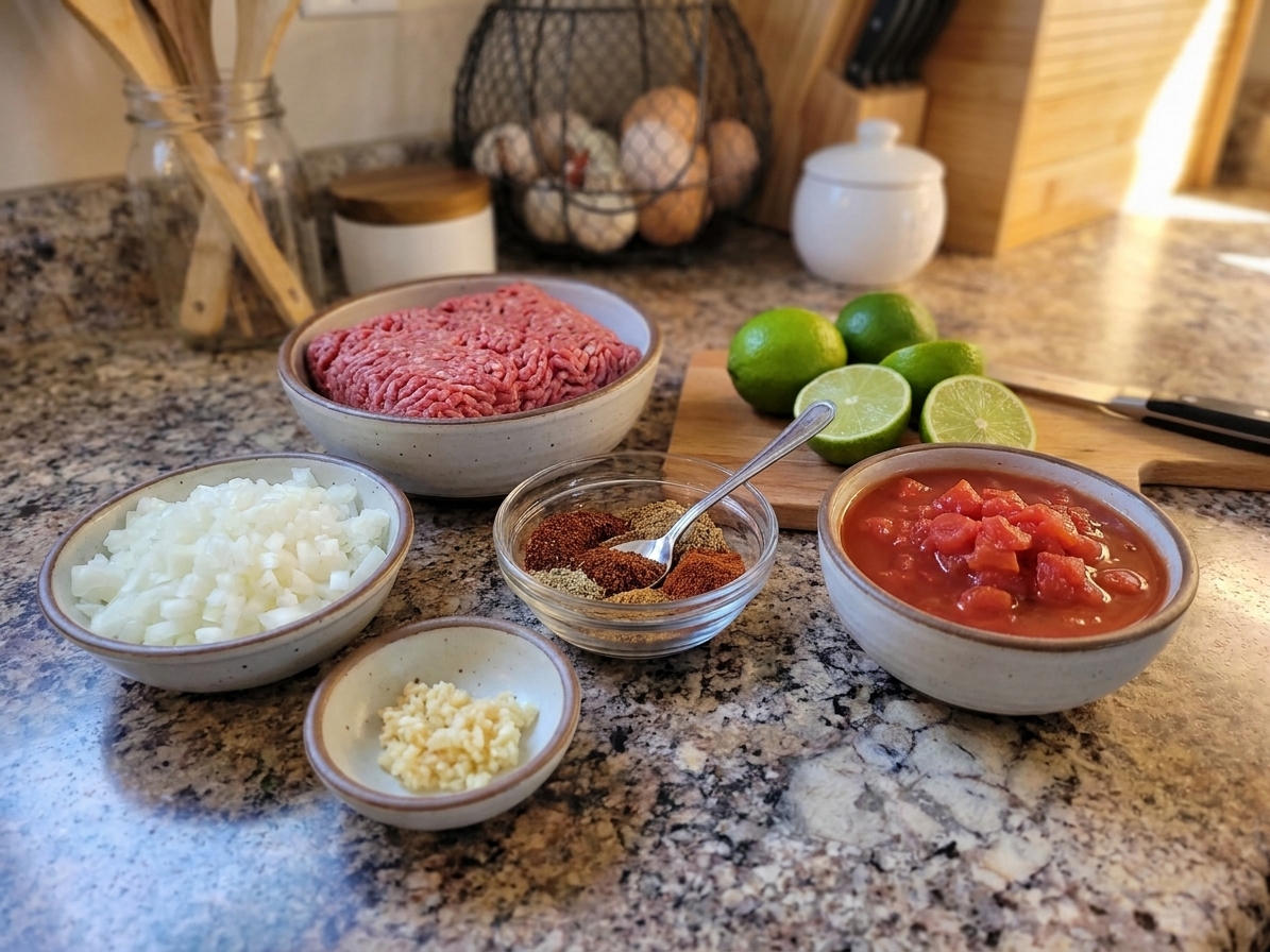 Bowls of ground beef, diced onion, minced garlic, taco spices, canned tomatoes, and whole limes arranged on a clean kitchen counter