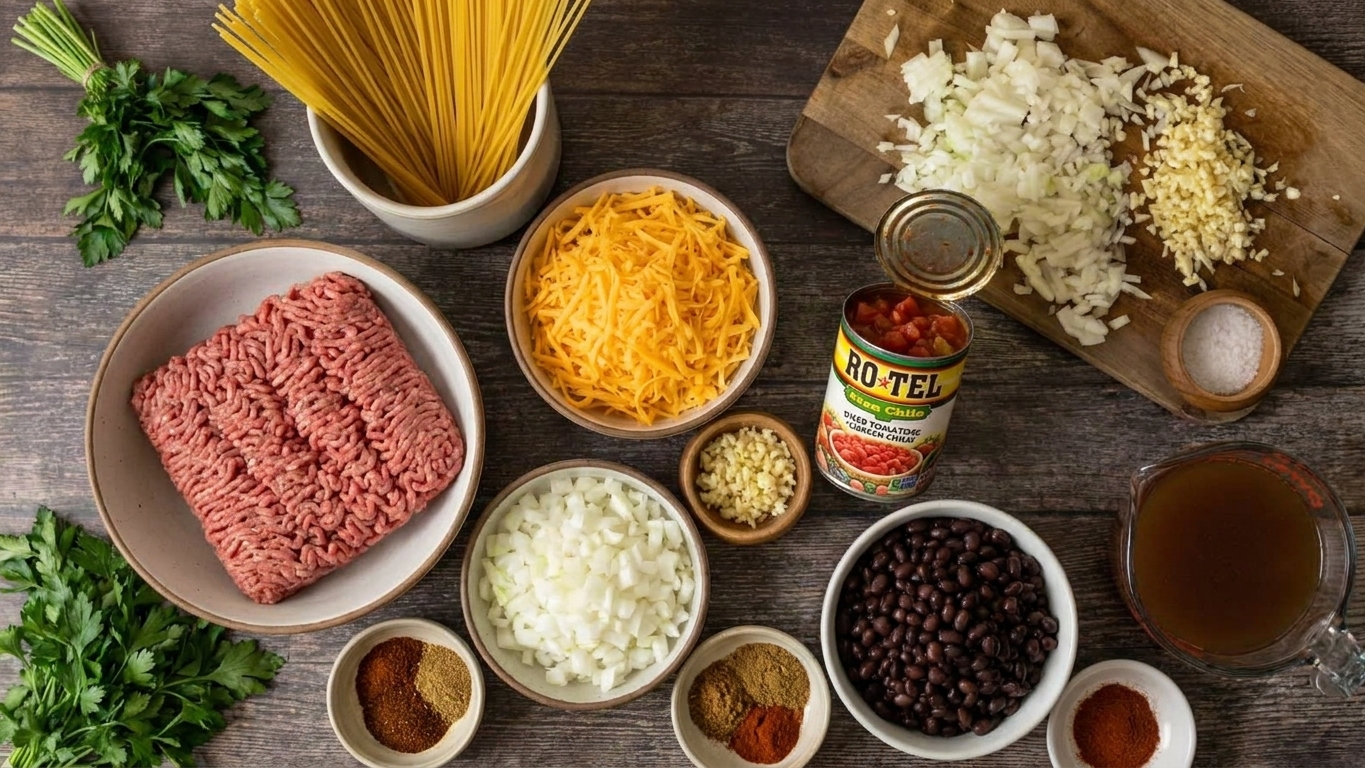 Bowls of ground beef, dry spaghetti, shredded cheddar, diced onion, minced garlic, Rotel tomatoes with green chiles, black beans, broth, and spices arranged on a kitchen counter