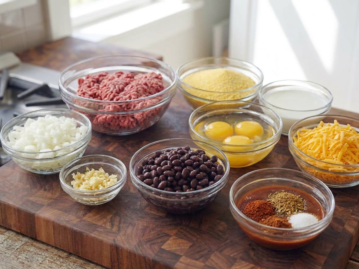 Bowls of ground beef, onion, garlic, canned beans, enchilada sauce, cornmeal, eggs, milk, shredded cheddar, and spices arranged on a bright kitchen counter