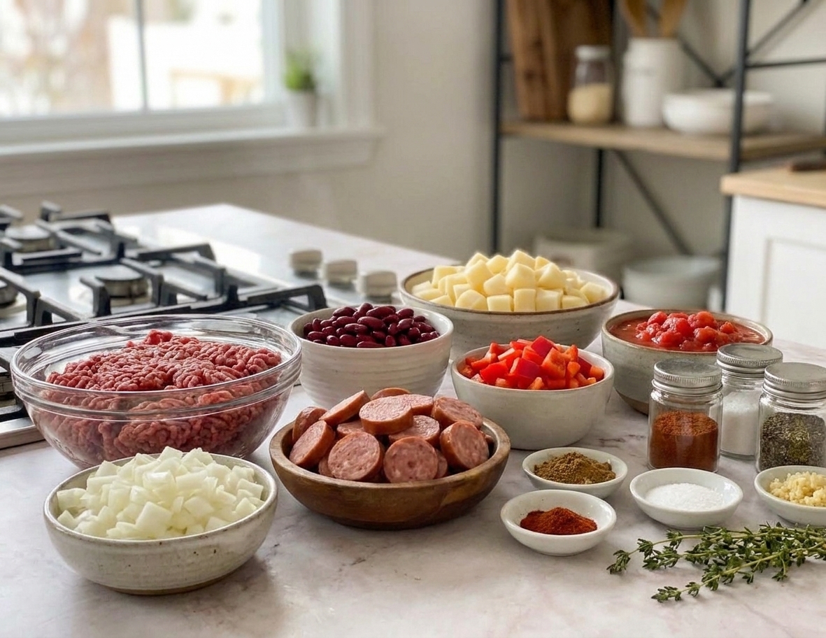 Bowls of ground beef, sliced smoked sausage, diced onion, chopped bell pepper, canned beans, canned tomatoes, potatoes, and spices arranged on a warm kitchen counter