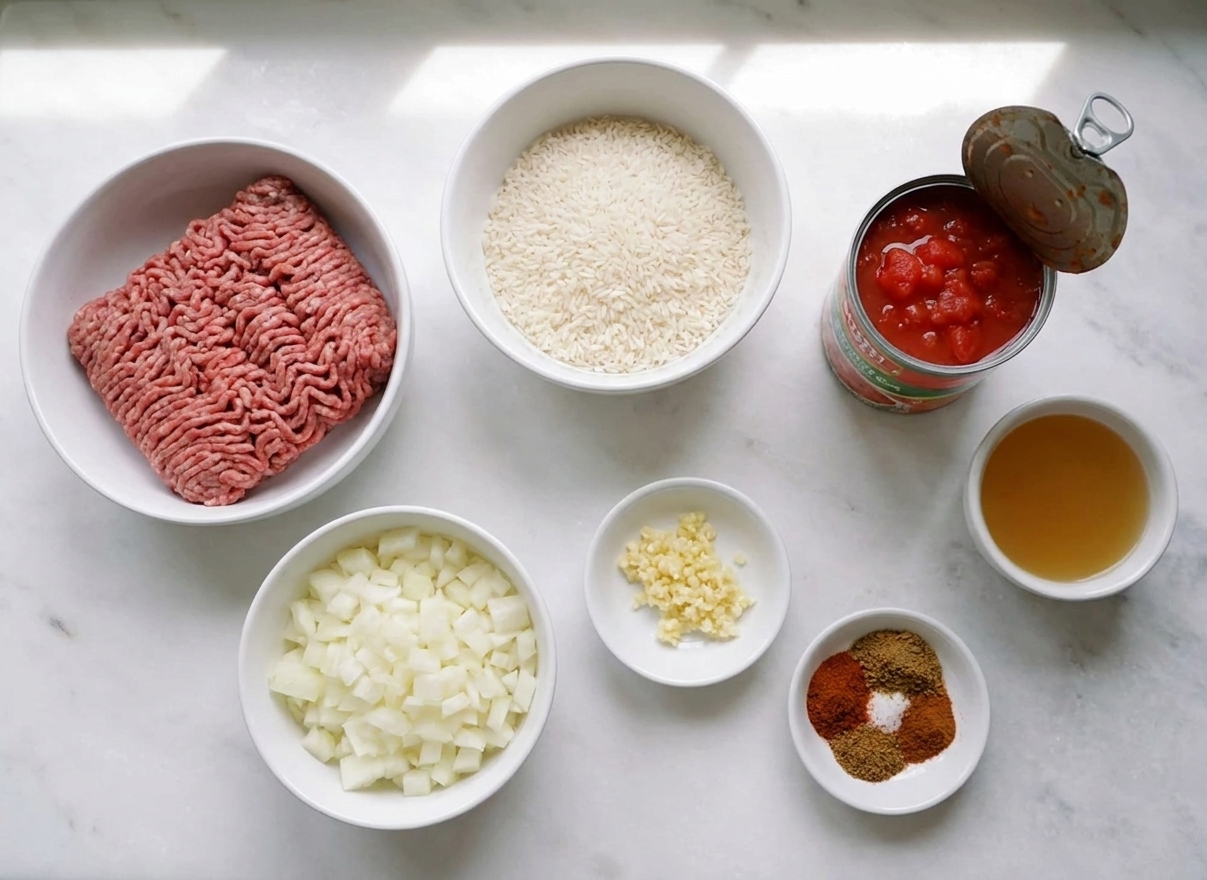 Bowls of ground beef, uncooked rice, diced onion, minced garlic, canned diced tomatoes, broth, and spices arranged on a clean kitchen counter in soft natural light