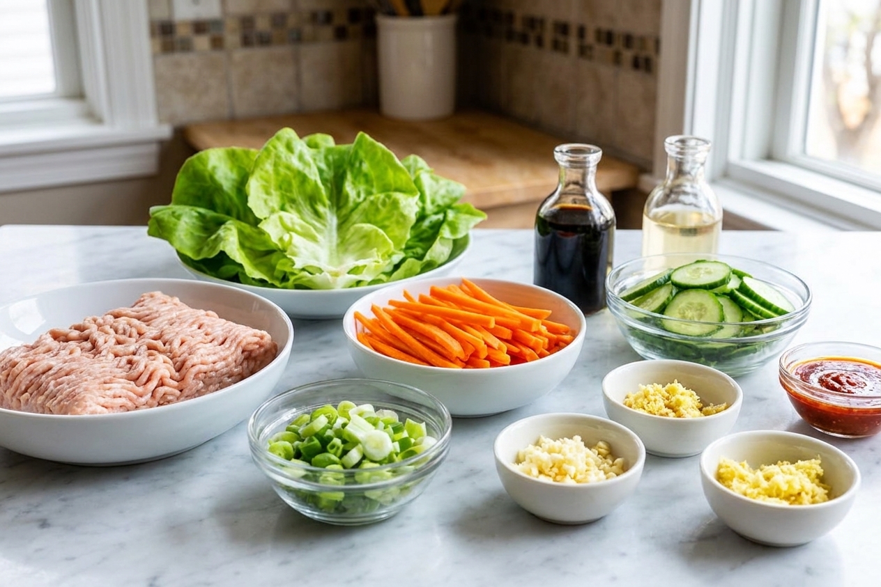 Bowls of ground chicken, butter lettuce, carrots, cucumber, scallions, garlic, ginger, soy sauce, rice vinegar, and sriracha arranged on a bright kitchen counter