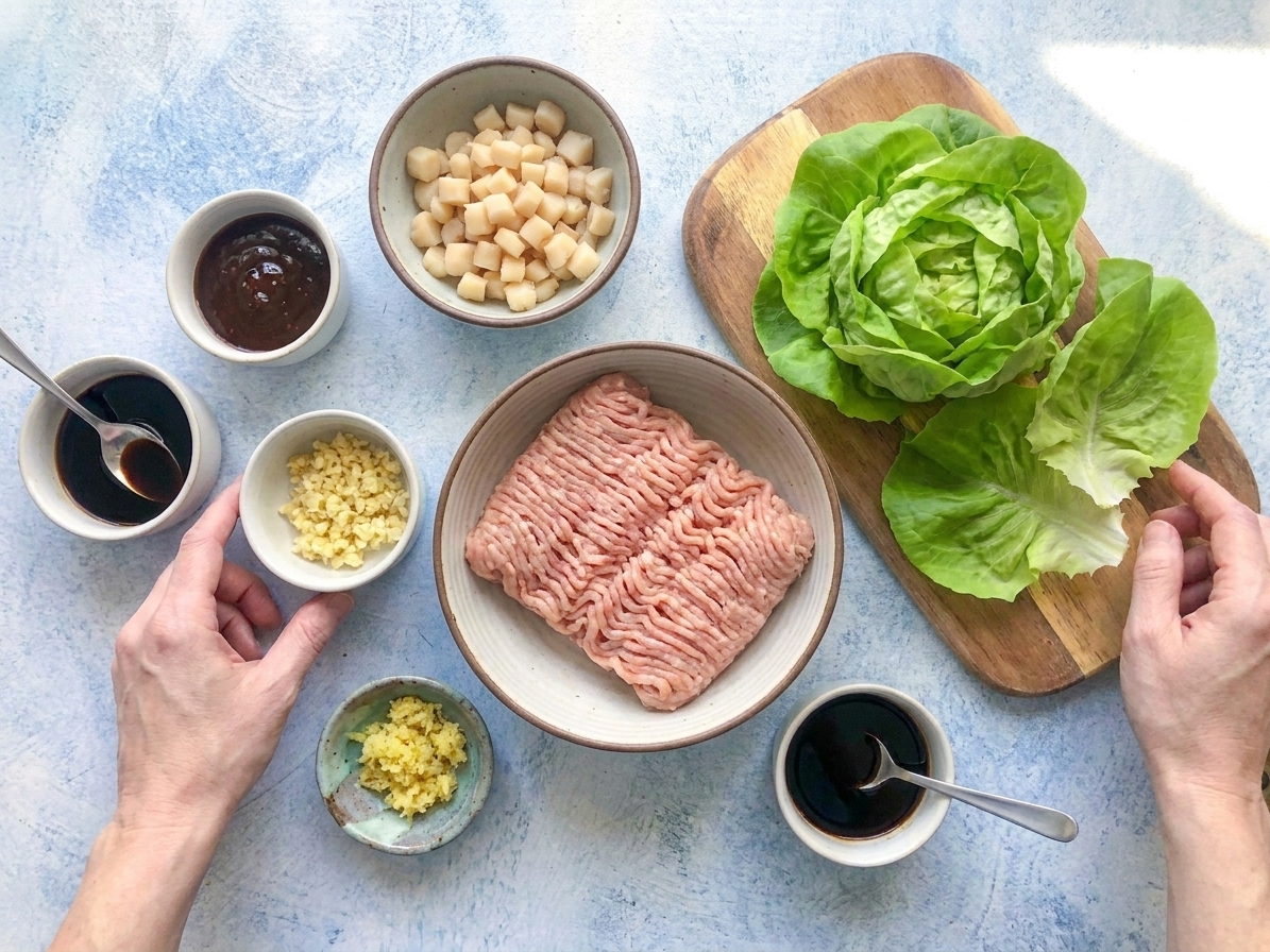 Bowls of ground chicken, diced water chestnuts, minced garlic, grated ginger, hoisin sauce, soy sauce, and butter lettuce arranged on a bright kitchen counter