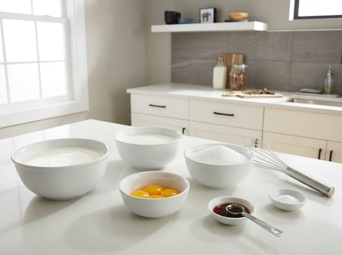 Bowls of heavy cream, whole milk, sugar, egg yolks, vanilla extract, and a pinch of salt arranged on a clean kitchen counter