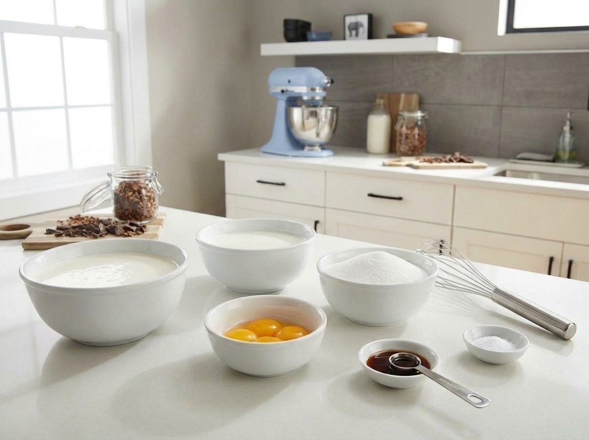 Bowls of heavy cream, whole milk, sugar, egg yolks, vanilla extract, and a pinch of salt arranged on a clean kitchen counter