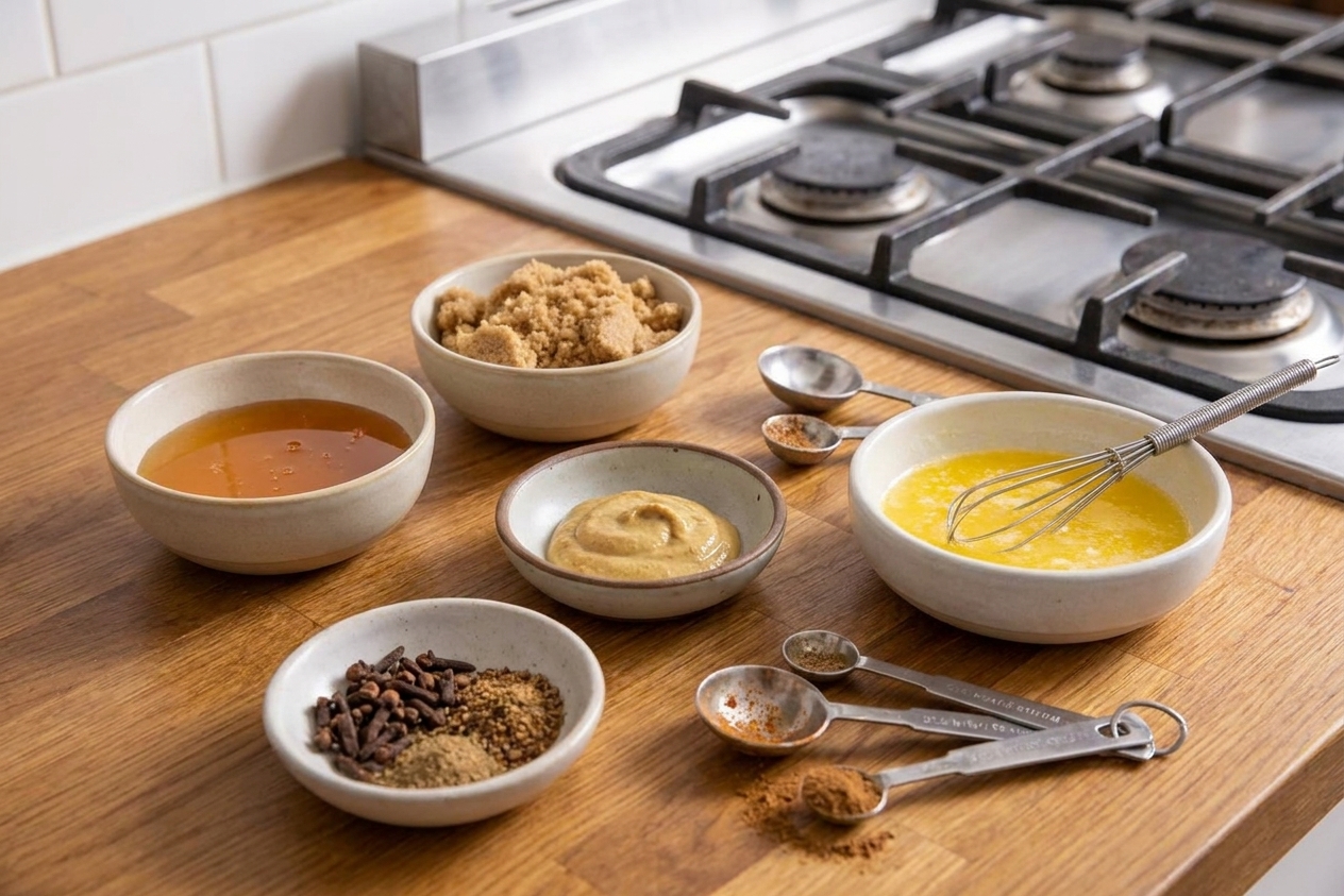Bowls of honey, brown sugar, Dijon mustard, melted butter, and spices arranged on a clean kitchen counter with measuring spoons