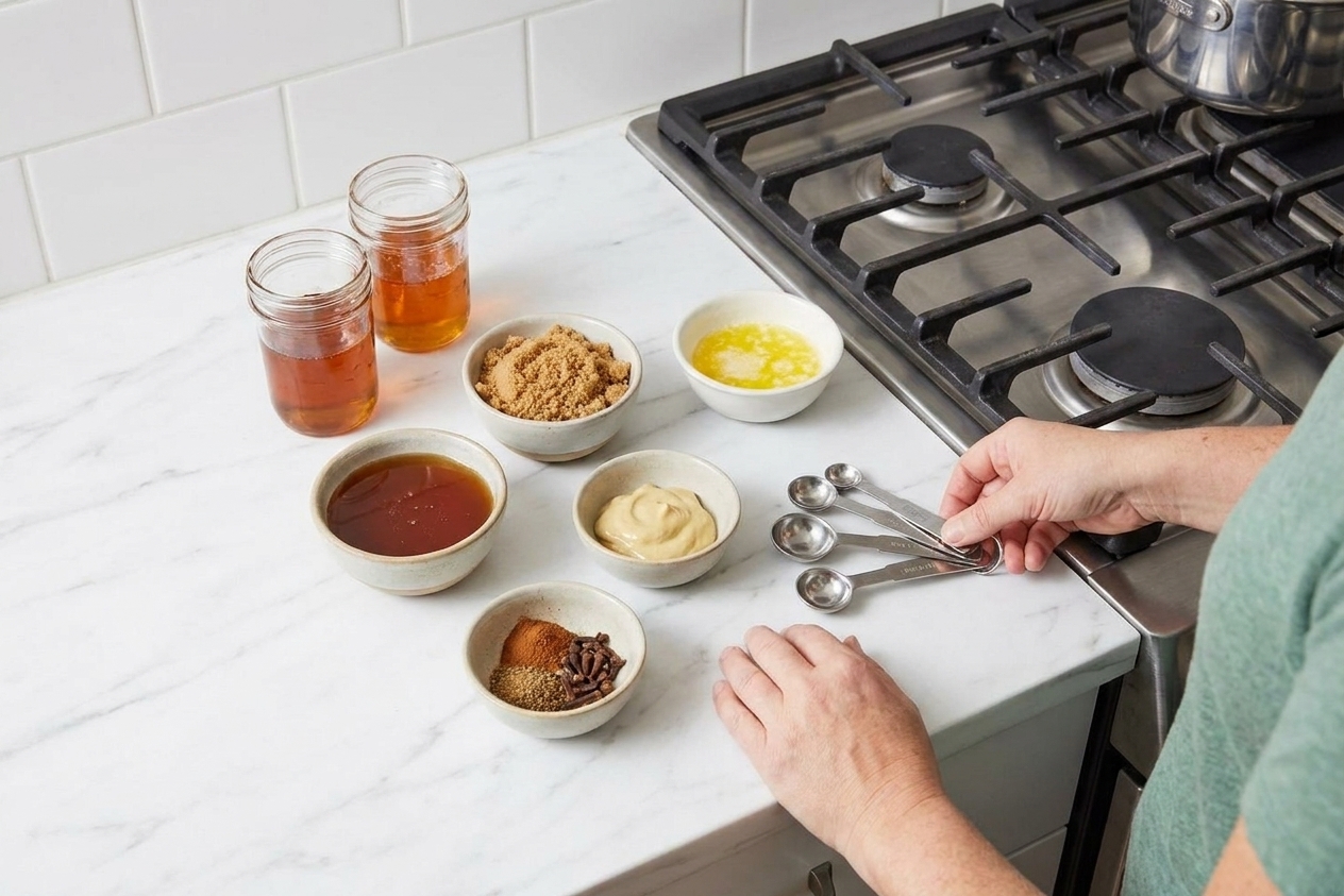 Bowls of honey, brown sugar, Dijon mustard, melted butter, and spices arranged on a kitchen counter with measuring spoons