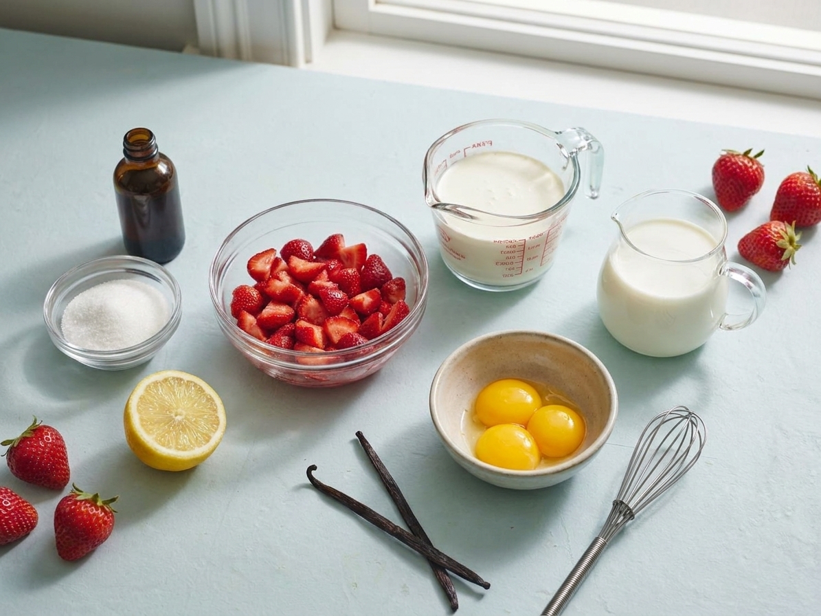 Bowls of hulled strawberries, sugar, cream, milk, egg yolks, and vanilla arranged on a clean kitchen counter in natural light