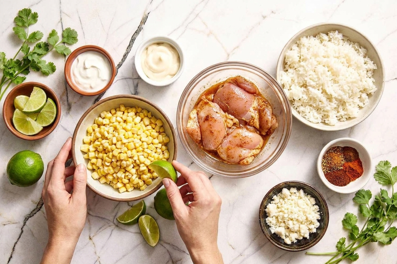 Bowls of ingredients for street corn chicken rice bowls on a kitchen counter, including corn, chicken thighs, rice, limes, cilantro, cotija cheese, sour cream, mayonnaise, and spices