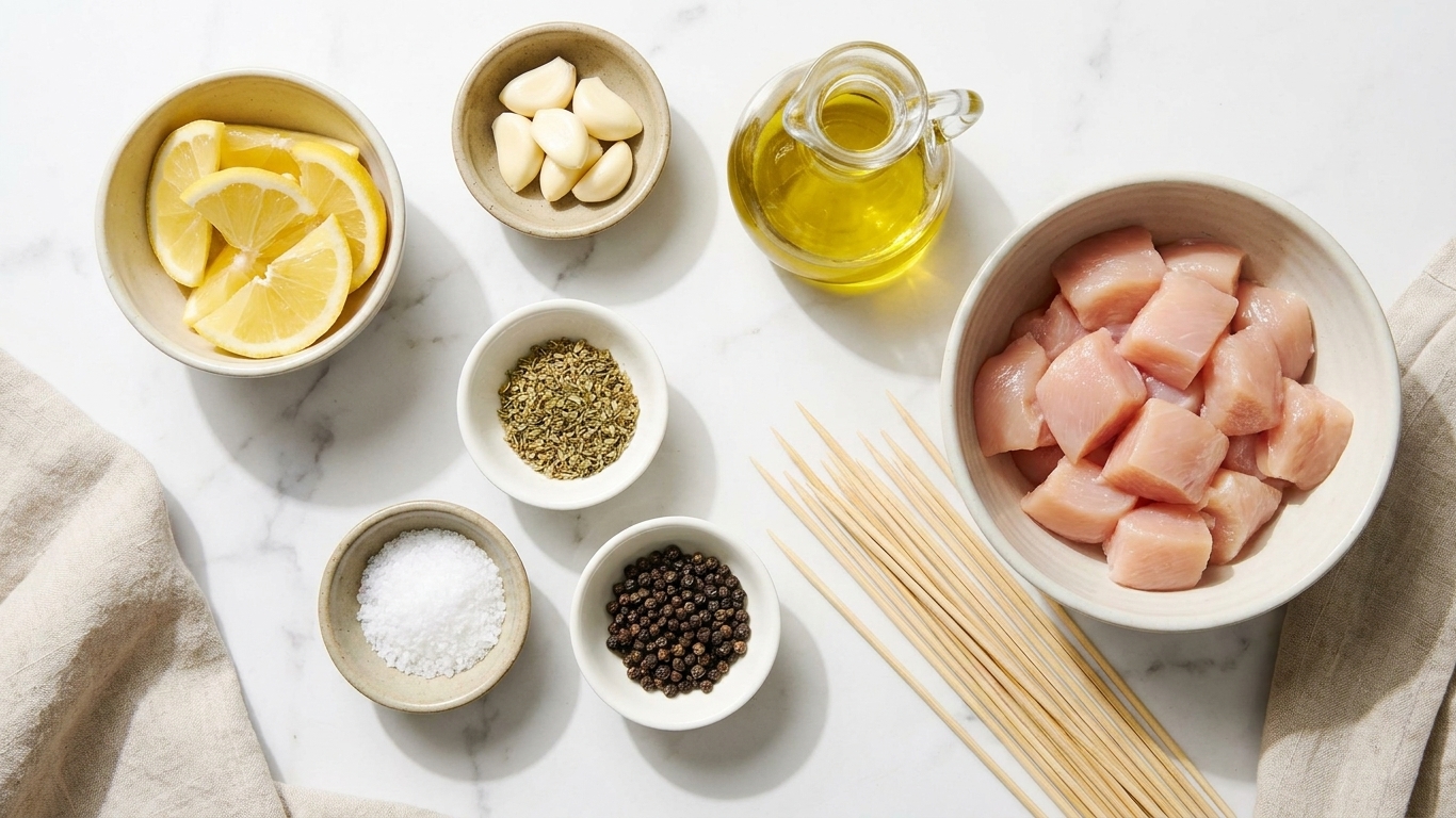 Bowls of lemon, garlic, olive oil, dried oregano, salt, pepper, cubed chicken, and wooden skewers arranged on a bright kitchen counter